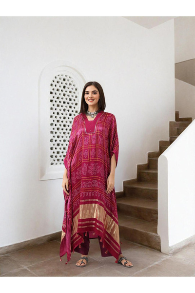 Ishin By Styli Red Viscose Printed Relaxed Fit Midi Dress