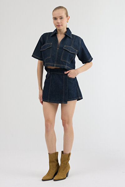 MOVİMENT Dark Navy Blue Shirt Collar Pocket Detail Top and Asymmetrical Butto...