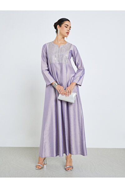 Amirah By Styli Women Lavender Embroidered A-Line Jalabiya