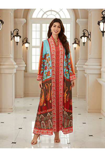 Take Two By Styli جلابية نسائية مطبوع بياقة على شكل حرف V قَصّة على شكل A