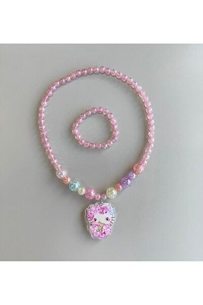 ABAS Hello Kitty Figürlü Işıklı Boncuklu Kolye ve Bileklik 2liÇocuk Takı Seti