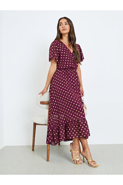 Styli Women Burgundy Polka Dot Print A-Line Maxi Dress