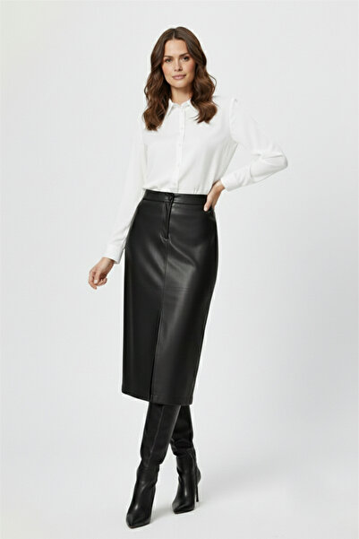 Deriderim Siyah Stella Yırtmaçlı Midi Kalem Hakiki Deri Etek