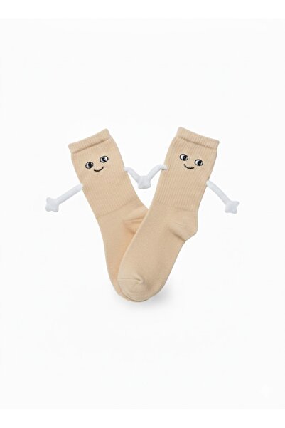 Neşeli Çoraplar El Ele Tutuşan Krem Atletik Çorap