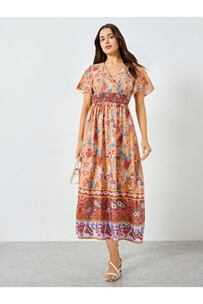 Take Two By Styli All-Over Print Smocked Waist Midi Dress