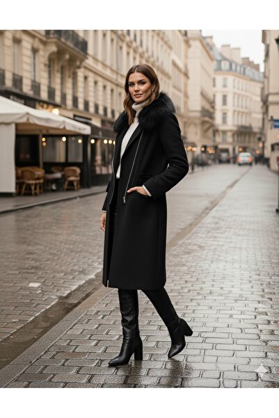 Toridas Kadın Kürklü Kaşe Kışlık Siyah Kaban