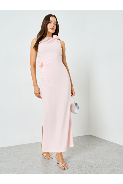 Take Two By Styli Pink Pleated Floral Detail Sleeveless Maxi Dress