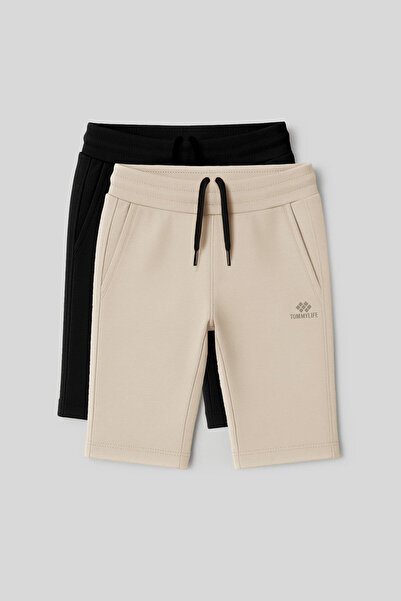 TOMMY LIFE Standard Fit Basic 2-Pack Black-Beige Boys' Shorts - 11303
