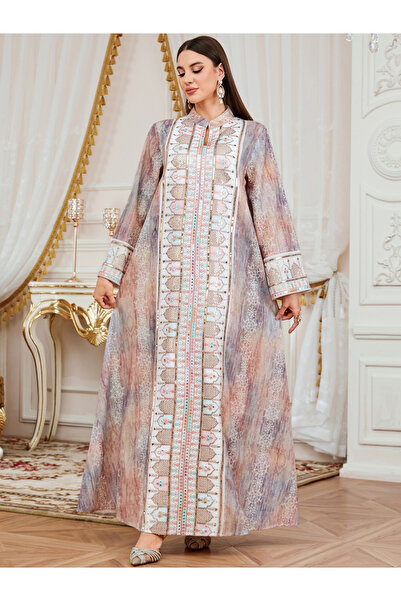 Take Two By Styli Women Sequin Embroidered Panel Notch Neck Jalabiya