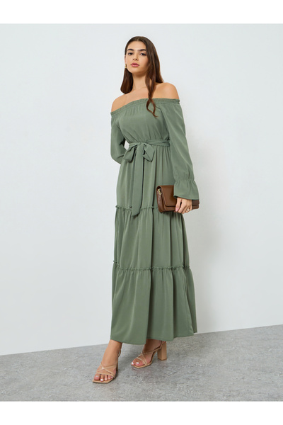 Styli Green Off Shoulder Tiered Maxi Dress
