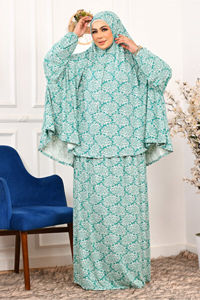 AsrymShop Two-piece Cotton Lycra prayer robe with a green floral print