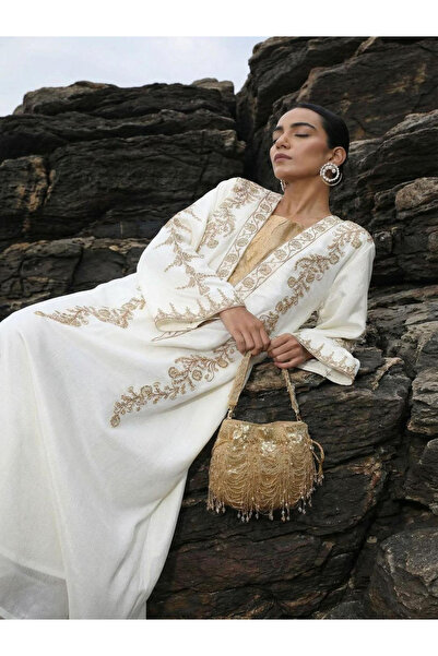 Ishin By Styli Cream Relaxed Embroidered Abaya