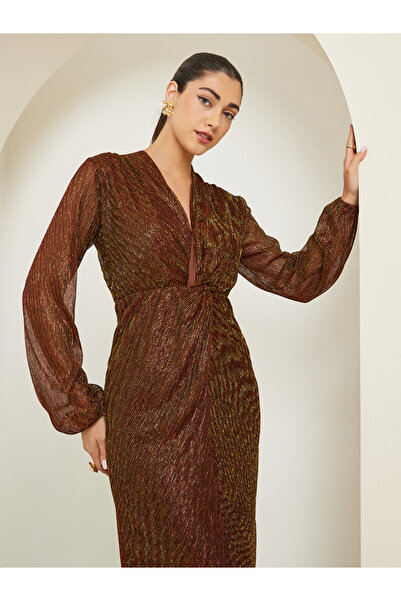 Styli Brown Plisse Textured Long Sleeve Midi Dress