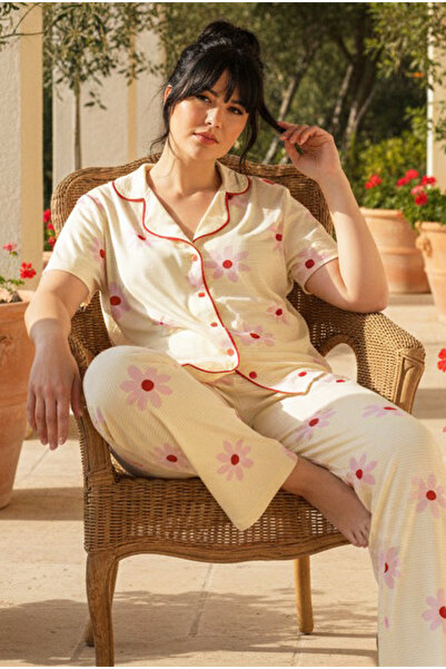 Siyah İnci Yellow Striped Floral Patterned Large Size Oversize Buttoned Ribbe...