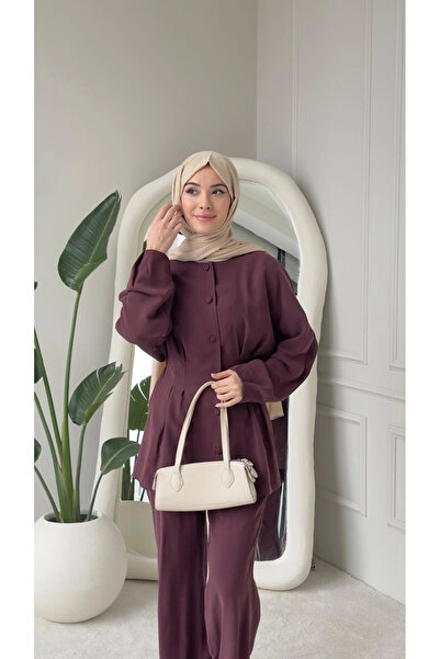 Butik Mürdüm Belden Bağlamalı Tensel Kumaş Takım Modelimiz