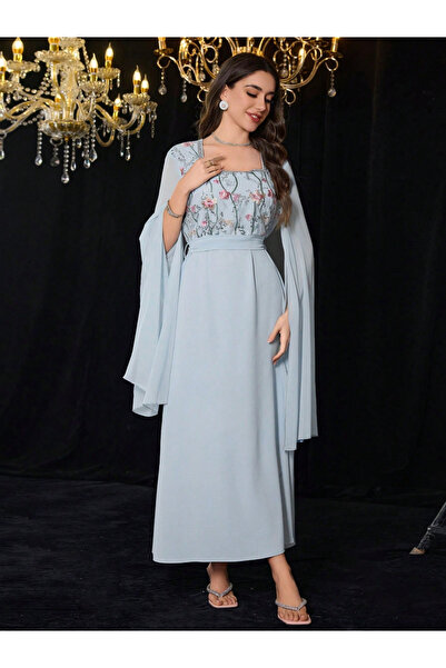 Take Two By Styli Women Blue Embroidered Floral Maxi Dress