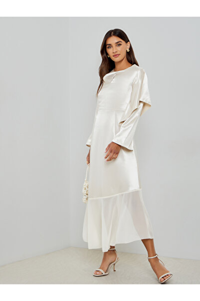 Styli Women Cream Satin Maxi Dress with Long Sleeves