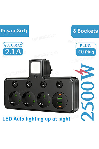 choice2 LED 3 Sockets Black New Power Strip With Night Light LED Wall-Mounted...