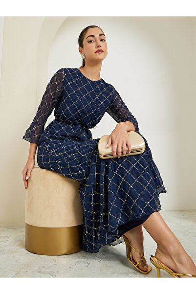 Styli Blue Embellished Sequin Maxi Dress with 3/4 Sleeves