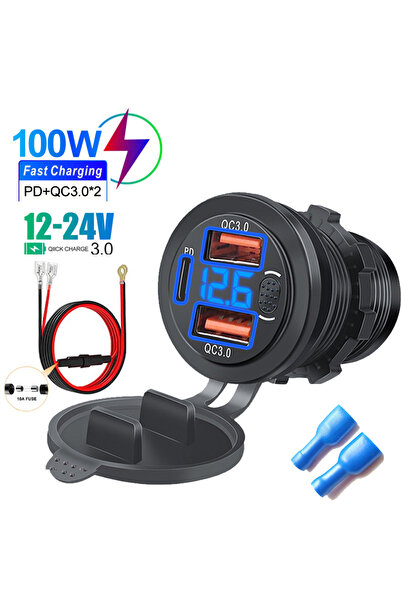 Choice3 شاحن USB أزرق بثلاثة منافذ 12/24 فولت مع منفذ USB-C PD ومنفذين QC 3.0...