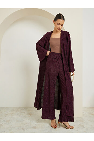 Styli Women Purple Textured Wide Leg Trousers