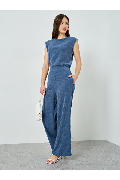 Styli Blue Textured Wide Leg Knit Joggers