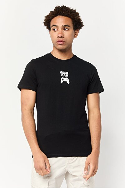 CELIO Men Crew Neck Short Sleeve Graphic Print T-Shirt, Black