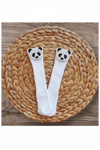 Panowill Design Kız Erkek Bebek Keçe Panda Süslemeli Diz Altı Çorap-Beyaz