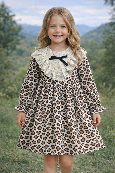 Bilge Trend KIZ BEBEK ÇOCUK DANTEL DETAYLI LEOPAR DESEN ASTARLI KETEN DOĞUM G...