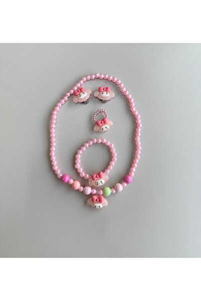 ABAS Cromi Figürlü İnci Kolye Bileklik Yüzük ve Küpe Kız Çocuk 4lü Takı Seti