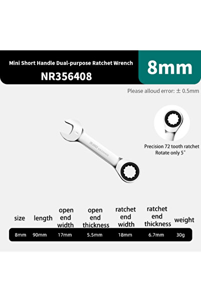 Choice3 NR356408 8mm AMR Mini Short Handle 72 Teeth Ratchet Wrench Dual-purpo...