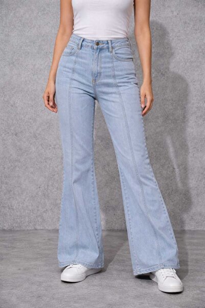 Kutaf Women's High Waist Light Blue Flare (Spanish) Leg Denim Trousers
