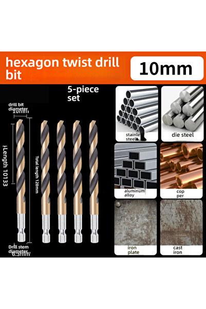 Choice4 Hexagonal 10.0mm 5pcs Hex Shank Twist Drill Bits - Cobalt Alloy for S...