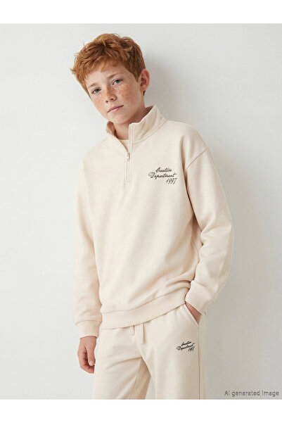 LC Waikiki Μπεζ φούτερ για αγόρια με στάμπα σε όρθιο γιακά