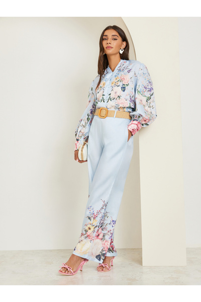 Styli Women Blue Floral Wide Leg Trousers
