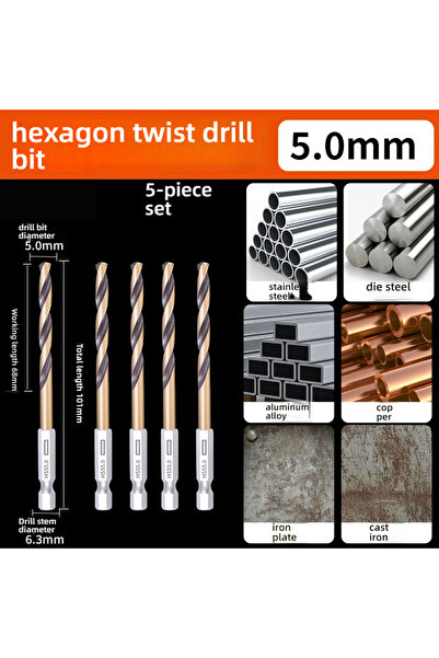 choice2 Hexagonal 5.0mm 5pcs Hex Shank Twist Drill Bits - Cobalt Alloy for St...