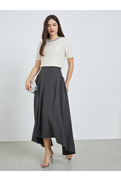 Styli Grey Asymmetric Hem Maxi Skirt