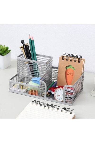 choice2 منظم مكتب شبكي فضي بثلاثة أقسام، حامل أدوات مكتبية مع حامل أقلام وسلا...