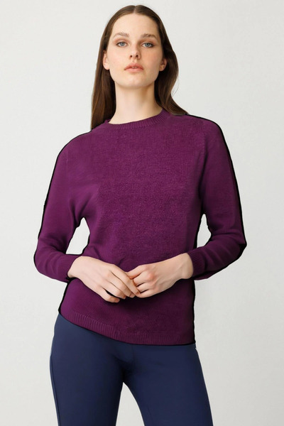 Desen Triko Women's Crew Neck Classic Wool Sweater 23163 Dark Purple