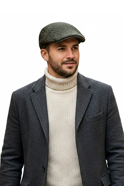 Bay Şapkacı Erkek Haki Kapitone Desenli Kasket Şapka - Kışlık Flat Cap8176
