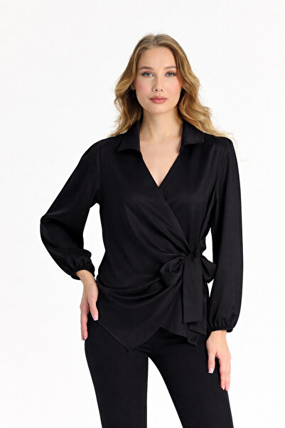 CEEMODA Side-Tie Double-Breasted Satin Blouse Shirt