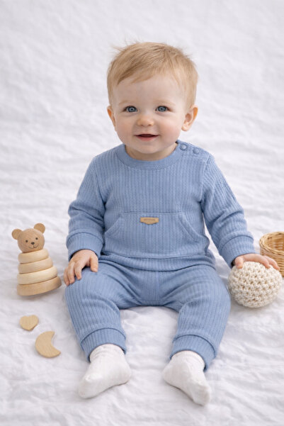 DİĞER418 Bej Waffle Dokulu Bebek Takımı – Cepli Sweatshirt & Pantolon 2’li Set