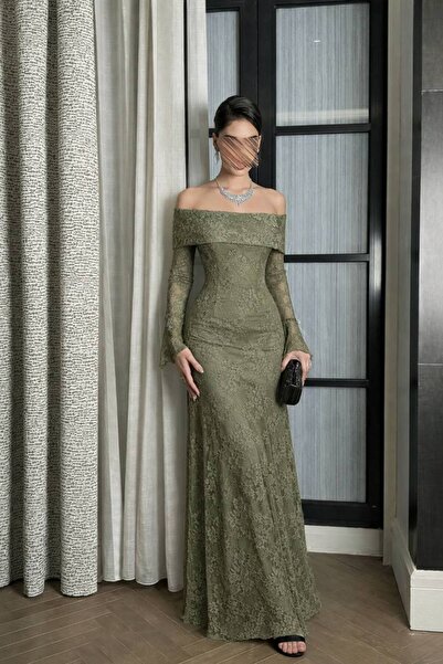 Bamah Olive green long Lace evening dress
