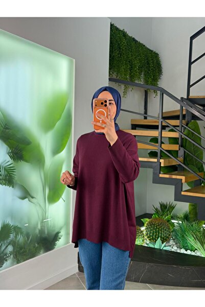 İkoll Bordo Renk Yan Yırtmaç Detaylı Triko Tunik