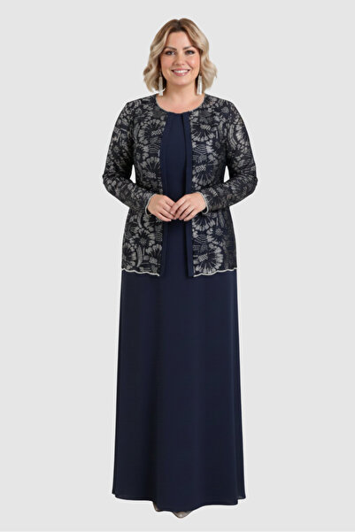 LİLAS XXL Women's Plus Size Fixed Jacket Detailed Crepe Fabric Long Evening D...