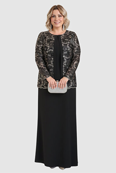 LİLAS XXL Women's Plus Size Fixed Jacket Detailed Crepe Fabric Long Evening D...