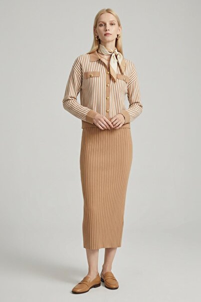 Rays 6425 Striped Buttoned Skirt Suit Biscuit