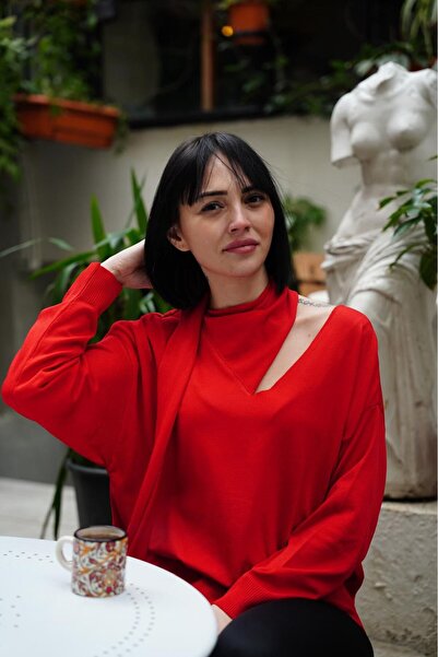 sumoda Women's White Scarf Detailed Knitwear Blouse