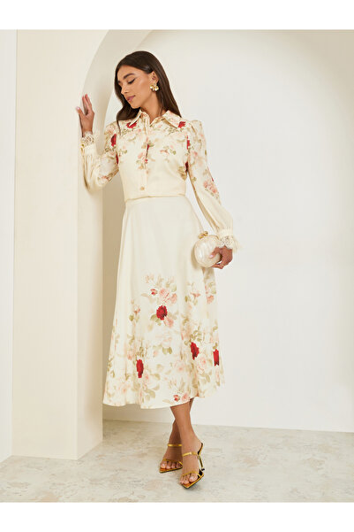 Styli Women Cream Floral A-Line Midi Skirt