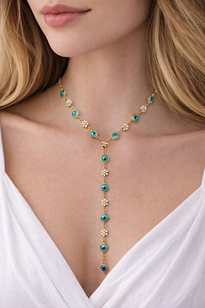 GlassySKY (ذهبي) قلادة على شكل حرف Y مزينة بخرز باباتيا وخرز العين الشريرة، م...